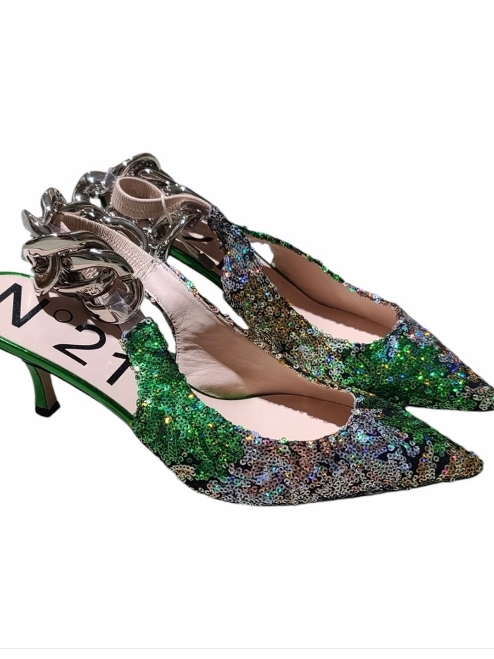 New No21 Green Silver Sequin Slingback Kitten Heels 41